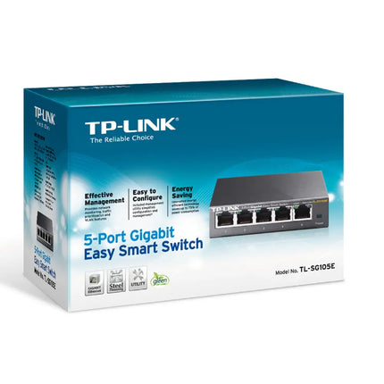 Rear view of the TP-Link 5-port smart desktop switch showing five 10/100/1000Mbps RJ45 ports and a grounding terminal.