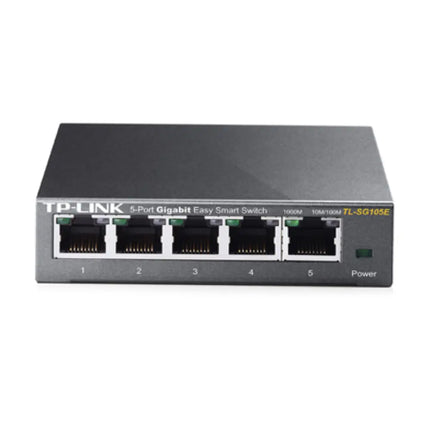 TP-Link TL-SG105E 5-port gigabit easy smart switch in a compact and durable steel housing featuring front network activity LED indicators