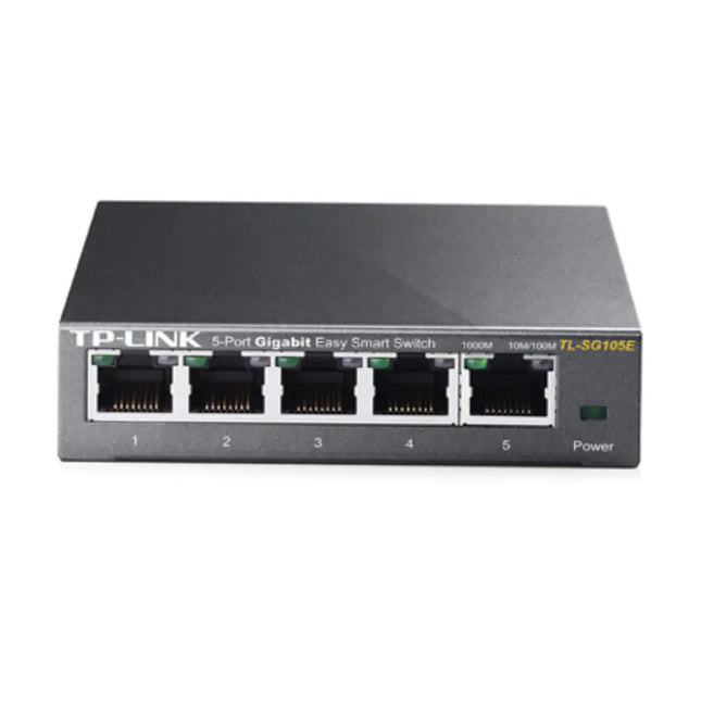 TP-Link TL-SG105E 5-port gigabit easy smart switch in a compact and durable steel housing featuring front network activity LED indicators