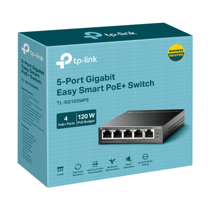 TP-Link 5-port compact gigabit easy smart desktop switch with PoE+ power delivery.