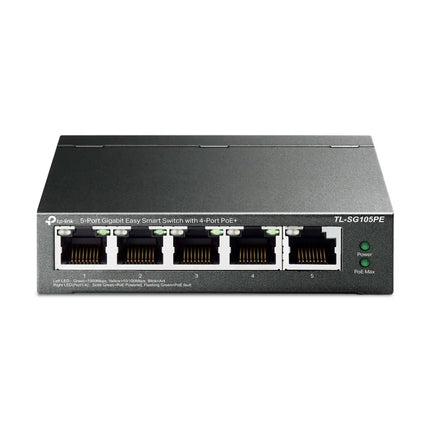 TP-Link TL-SG105PE 5-port gigabit easy smart managed switch with 4 PoE+ ports, featuring a durable black metal casing and status LED indicators.