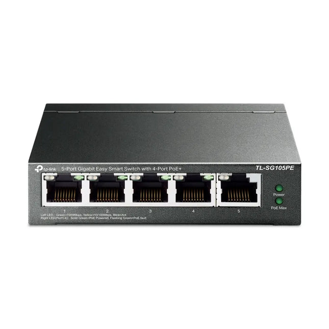 TP-Link TL-SG105PE 5-port gigabit easy smart managed switch with 4 PoE+ ports, featuring a durable black metal casing and status LED indicators.