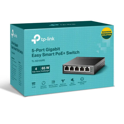 Rear and side view of the fanless TP-Link TL-SG105PE desktop switch, engineered to support a total PoE power budget of 65W.