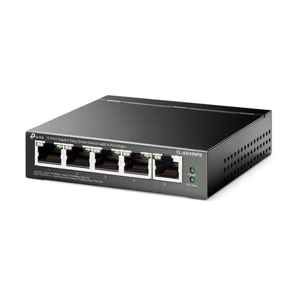 Front panel detail of the TP-Link TL-SG105PE switch highlighting the 4 gigabit 802.3at/af PoE+ ports and 1 non-PoE uplink port.