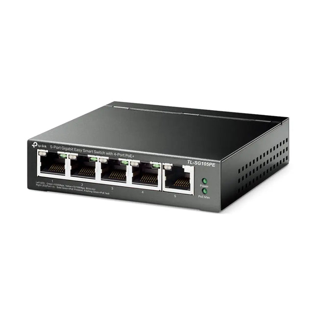 Front panel detail of the TP-Link TL-SG105PE switch highlighting the 4 gigabit 802.3at/af PoE+ ports and 1 non-PoE uplink port.
