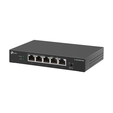 Front view of the TP-Link Australia TL-SG105PP-M2 2.5 Gigabit switch showing the metal chassis, RJ45 ports, and PoE status LEDs.