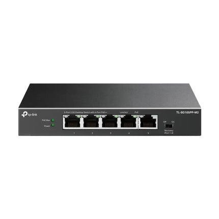 TP-Link TL-SG105PP-M2 5-Port 2.5G Desktop Switch featuring 4-Port PoE++ ports for high-power network devices.