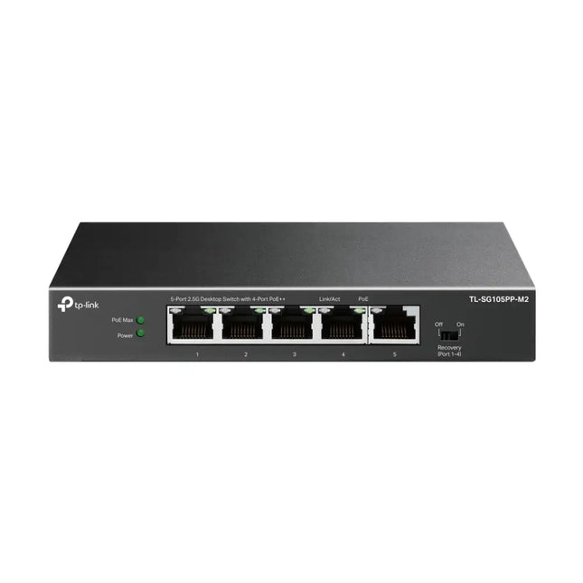 TP-Link TL-SG105PP-M2 5-Port 2.5G Desktop Switch featuring 4-Port PoE++ ports for high-power network devices.