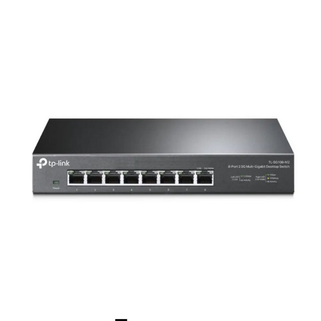 TP-Link TL-SG108 8-port gigabit desktop unmanaged switch front view showcasing its durable blue steel housing and sleek design.