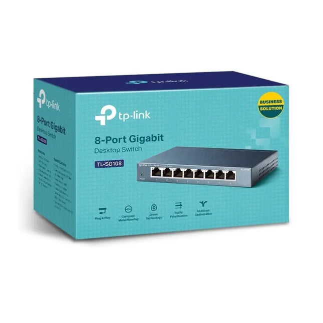 Close-up view of the 8 gigabit RJ45 Ethernet ports with integrated green dual-status LED indicators on the front panel of the TP-Link TL-SG108 switch.