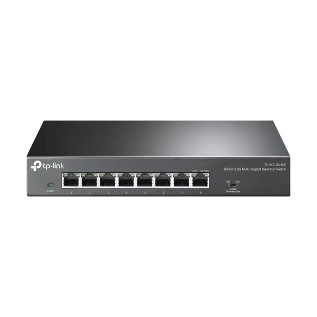 TP-Link TL-SG108-M2 8-Port 2.5G Desktop Switch featuring a compact, sturdy metal casing and front-facing Ethernet ports.