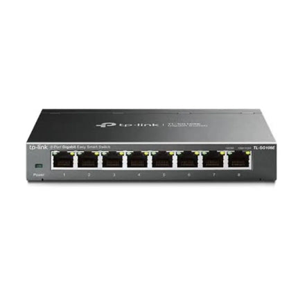TP-Link TL-SG108E 8-port gigabit easy smart desktop switch front view showcasing its sturdy metal casing and compact layout.
