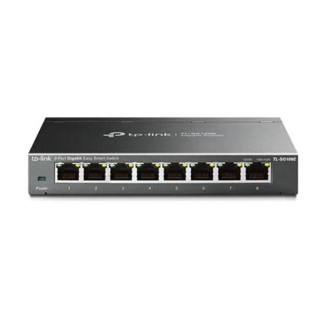 TP-Link TL-SG108E 8-port gigabit easy smart desktop switch front view showcasing its sturdy metal casing and compact layout.