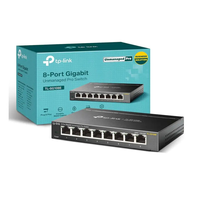 Close-up view of the 8 gigabit RJ45 Ethernet ports and green network status LED indicators on the TP-Link TL-SG108E smart switch.