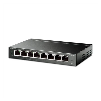 Front panel of the TP-Link TL-SG108PE switch showing ports 1 to 4 designated for PoE+ power delivery.