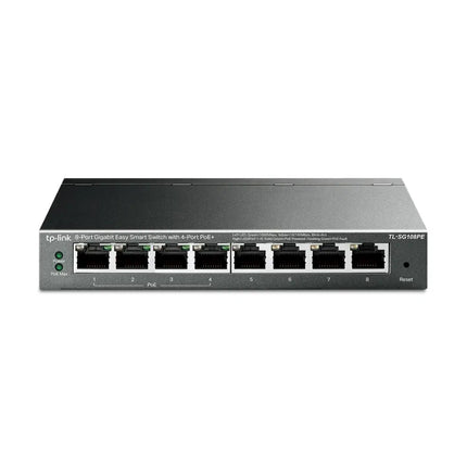 TP-Link TL-SG108PE 8-Port Gigabit Easy Smart Switch with 4-Port PoE+, clean front view.