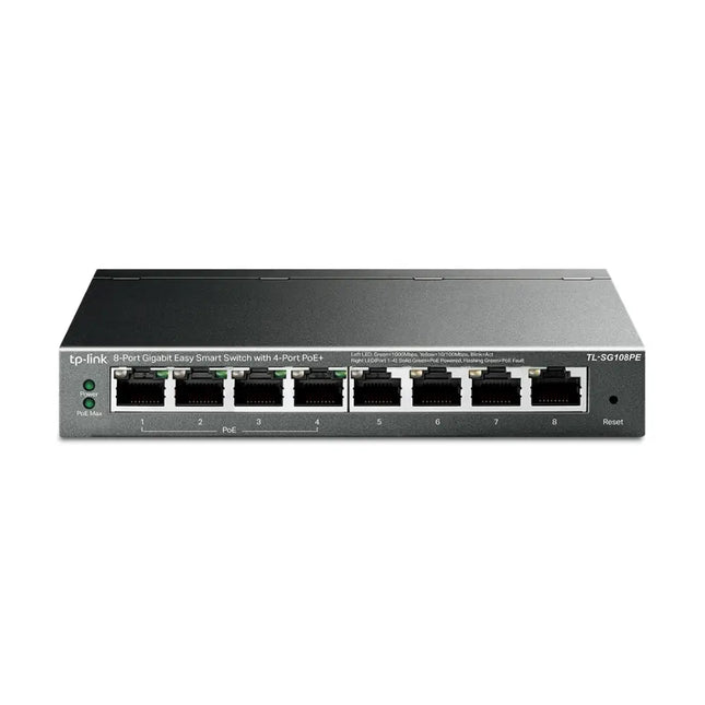 TP-Link TL-SG108PE 8-Port Gigabit Easy Smart Switch with 4-Port PoE+, clean front view.