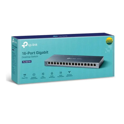 Close-up view of the 16 RJ45 gigabit ports and LED traffic indicators on the TP-Link TL-SG116 network switch.