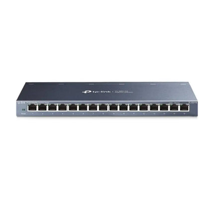 TP-Link TL-SG116E 16-port gigabit Easy Smart desktop switch in a durable blue metal casing.