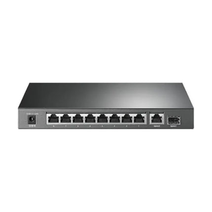 Front perspective view of the TP-Link TL-SG116P 16-port unmanaged full Gigabit desktop PoE+ switch, showcasing its premium black matte steel enclosure and front diagnostic status LEDs.