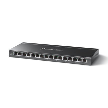 Front angle view of the black metal TP-Link TL-SG116P 16-port Gigabit desktop switch isolated on a white background.