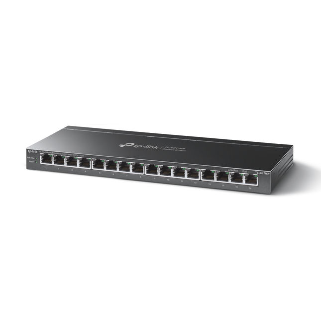 Front angle view of the black metal TP-Link TL-SG116P 16-port Gigabit desktop switch isolated on a white background.
