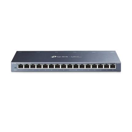 TP-Link TL-SG116P 16-port gigabit desktop switch featuring 16 PoE+ ports in a sturdy black metal housing.