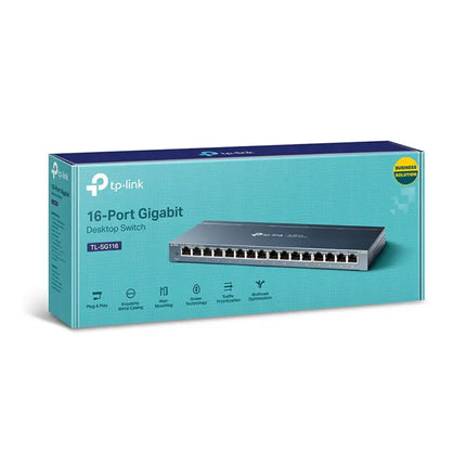 Close-up of the front panel on a TP-Link TL-SG116P switch, highlighting the 16 RJ45 PoE+ ports and power status LEDs.