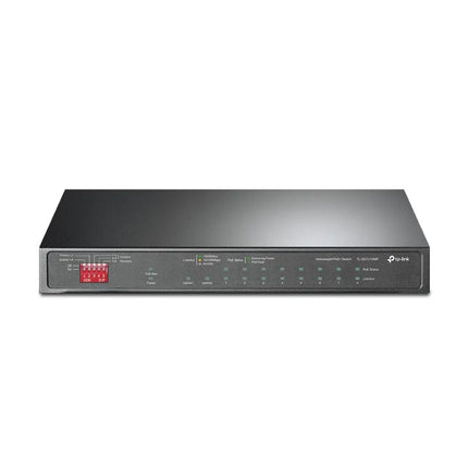 TP-Link TL-SG1210MP 10-Port Gigabit Desktop Switch with 8-Port PoE+, clean front view.