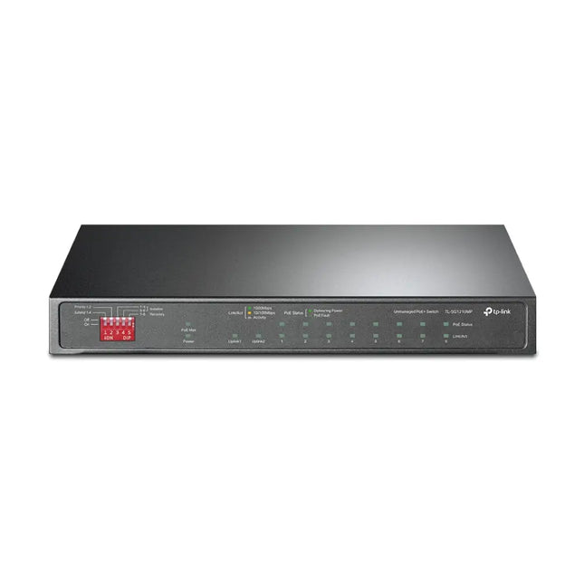 Front view of the dark grey TP-Link TL-SG1210MP unmanaged desktop gigabit switch showing status LEDs and integrated toggle switches.