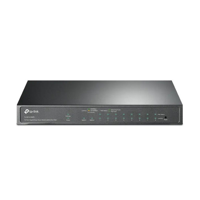 TP-Link TL-SG1210MPE 10-Port Gigabit Easy Smart Switch featuring 8 Power over Ethernet plus ports, front view.
