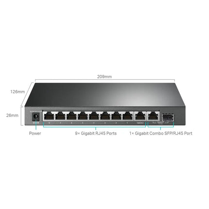 TP-Link TL-SG1210MPE Easy Smart switch layout, illustrating plug-and-play setup with intelligent network management features.