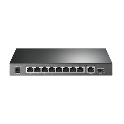 TP-Link TL-SG1210P 10-port gigabit desktop network switch with 8 PoE+ ports and 1 SFP slot in a black metal housing.