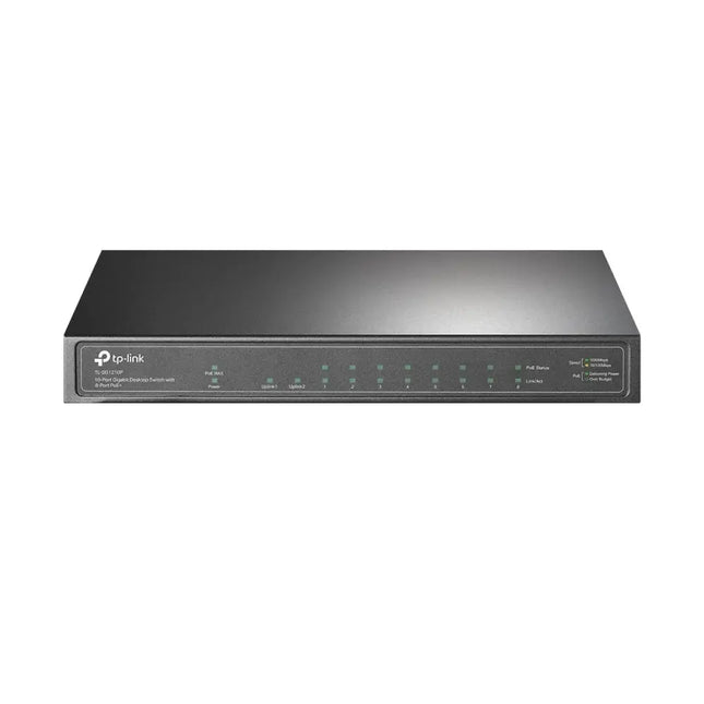 Close-up front panel view of the TP-Link TL-SG1210P switch showing 8 PoE+ RJ45 ports, 1 gigabit uplink port, 1 gigabit SFP slot, and status LEDs.