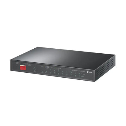 Rear panel of the TP-Link TL-SG1210PP switch, showing the DC power jack, grounding terminal, and manual dip switches for Extend, Isolation, and Priority modes.