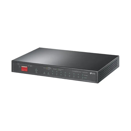 Close-up front panel view of the TP-Link TL-SG1210PP switch highlighting the dedicated PoE++ ports, PoE+ ports, gigabit uplink, and SFP slot.