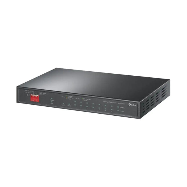 Close-up front panel view of the TP-Link TL-SG1210PP switch highlighting the dedicated PoE++ ports, PoE+ ports, gigabit uplink, and SFP slot.