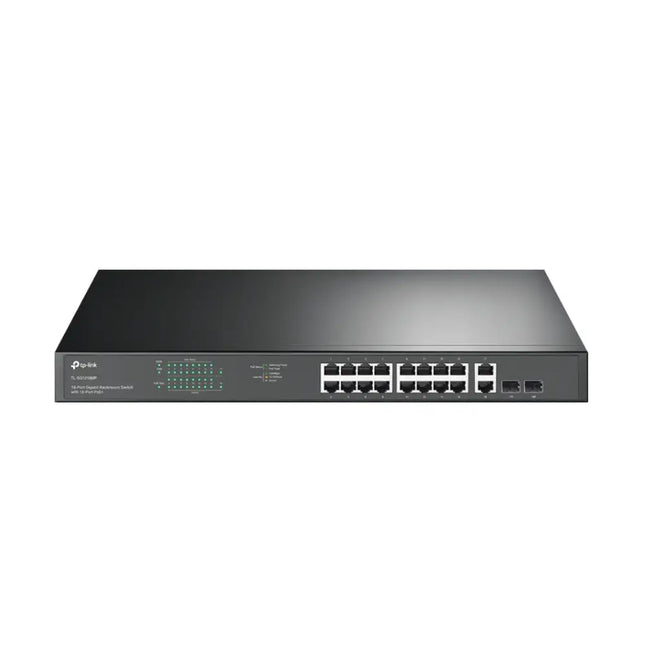 TP-Link TL-SG1218MP 18-Port Gigabit Rackmount Switch with 16 PoE+ ports, clean front view.