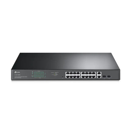 TP-Link TL-SG1218MPE 16-Port Gigabit Easy Smart PoE+ switch with 2 SFP slots, front view.