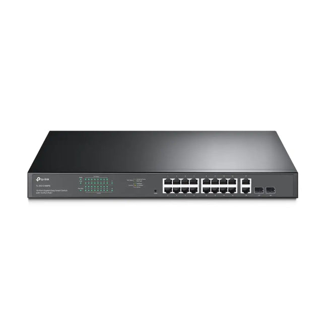 TP-Link TL-SG1218MPE 16-Port Gigabit Easy Smart PoE+ switch with 2 SFP slots, front view.