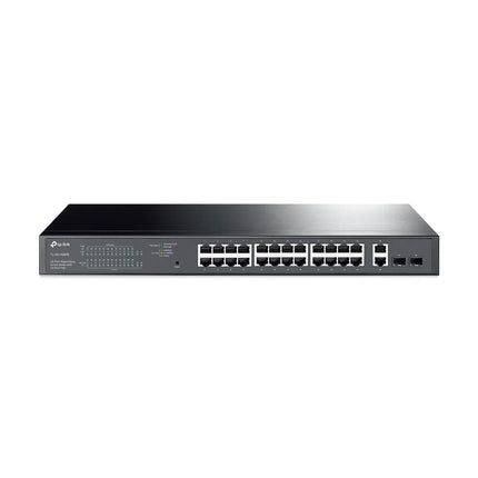 Front view of the TP-Link TL-SG1428PE Easy Smart switch featuring 24× Gigabit PoE+ ports and 2× non-PoE Gigabit ports, along with 2× Gigabit SFP slots for fiber uplinks.