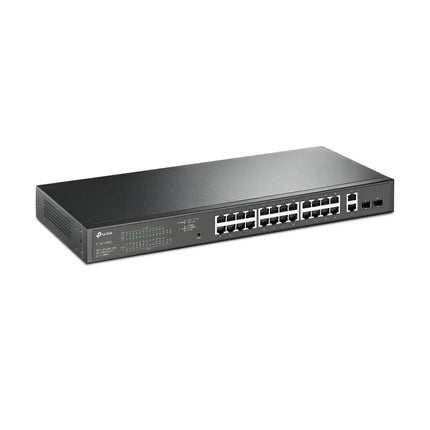 Close-up of the PoE ports on the TL-SG1428PE, highlighting its 250W total PoE power budget capable of powering multiple IP cameras, access points, and VoIP phones.