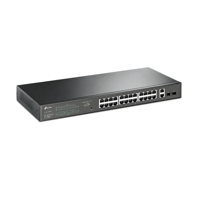 Close-up of the PoE ports on the TL-SG1428PE, highlighting its 250W total PoE power budget capable of powering multiple IP cameras, access points, and VoIP phones.