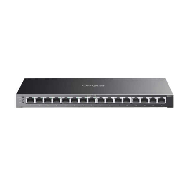 Front interface of the TP-Link TL-SG2016P JetStream smart switch, showing 8 PoE+ ports, 8 standard gigabit ports, and LED system indicators.