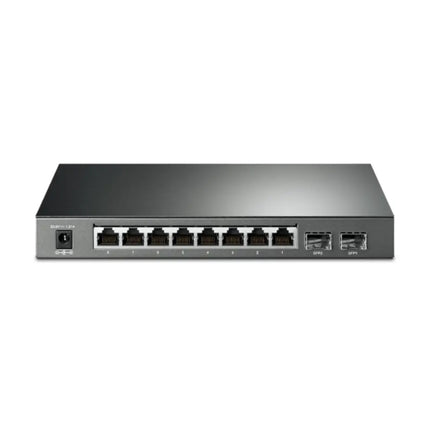 Front view of the dark grey TP-Link TL-SG2210P JetStream switch, showing 8 Gigabit RJ45 PoE+ ports, 2 SFP slots, and system LED indicators.
