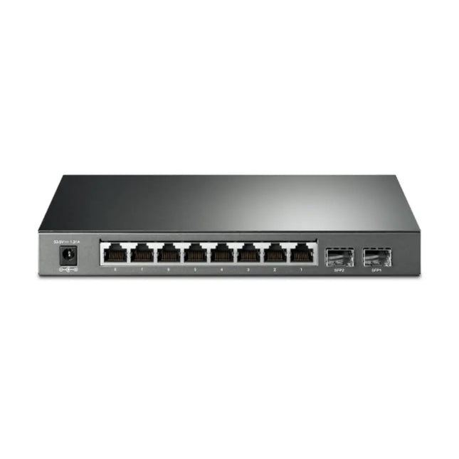 Front view of the dark grey TP-Link TL-SG2210P JetStream switch, showing 8 Gigabit RJ45 PoE+ ports, 2 SFP slots, and system LED indicators.