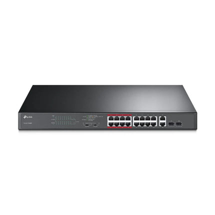 Front panel of the TP-Link TL-SL1218MP unmanaged network switch, showing 16 Fast Ethernet PoE ports, 2 Gigabit RJ45 ports, and LED system diagnostics.