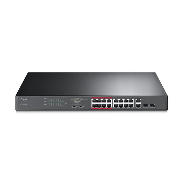 Front panel of the TP-Link TL-SL1218MP unmanaged network switch, showing 16 Fast Ethernet PoE ports, 2 Gigabit RJ45 ports, and LED system diagnostics.