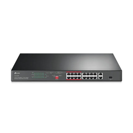 Front view of the TP-Link TL-SL1218P rackmount switch featuring 16 PoE+ 10/100Mbps ports, 2 Gigabit RJ45 ports, and 2 combo Gigabit SFP slots.