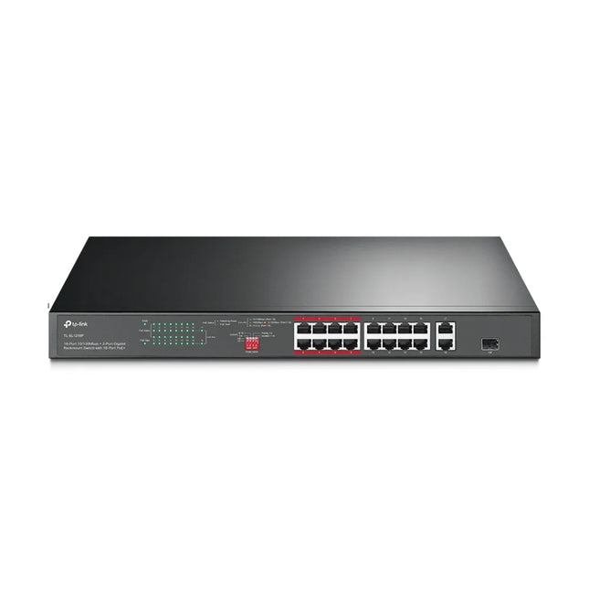 Front view of the TP-Link TL-SL1218P rackmount switch featuring 16 PoE+ 10/100Mbps ports, 2 Gigabit RJ45 ports, and 2 combo Gigabit SFP slots.